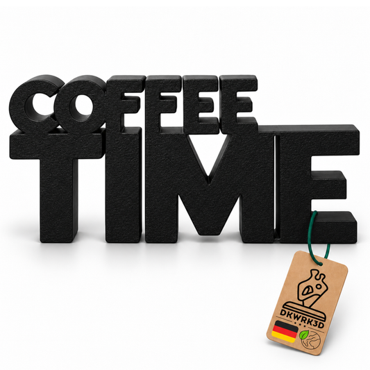 Coffee Time Aufsteller in Schwarz mit Anhänger 'Dekoartikel aus Deutschland' vor weißem Hintergrund