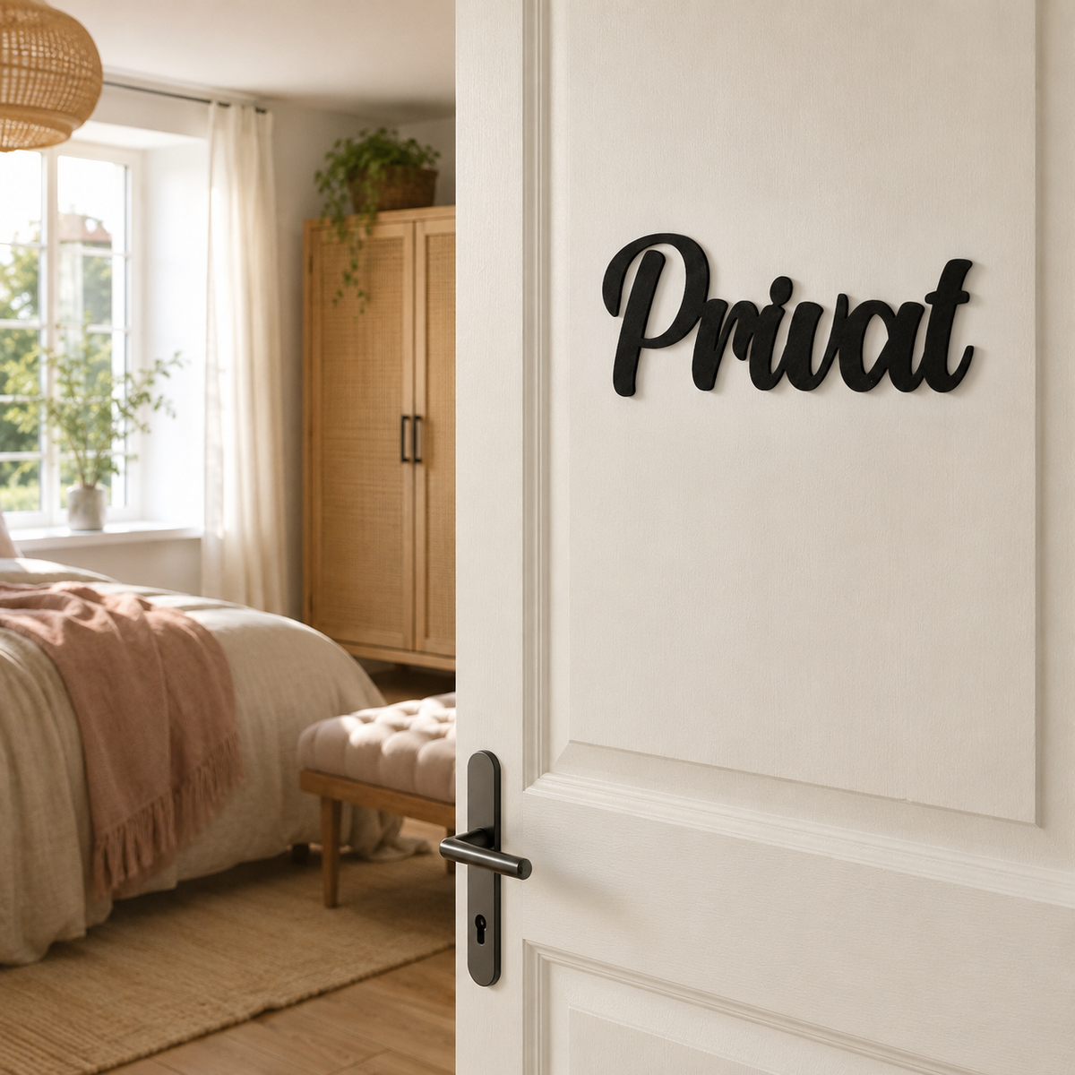 Privat Schild an offener Tür zum Schlafzimmer mit Bett und Kleiderschrank