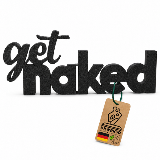 Get Naked Aufsteller in Schwarz mit Anhänger 'Dekoartikel aus Deutschland' vor weißem Hintergrund