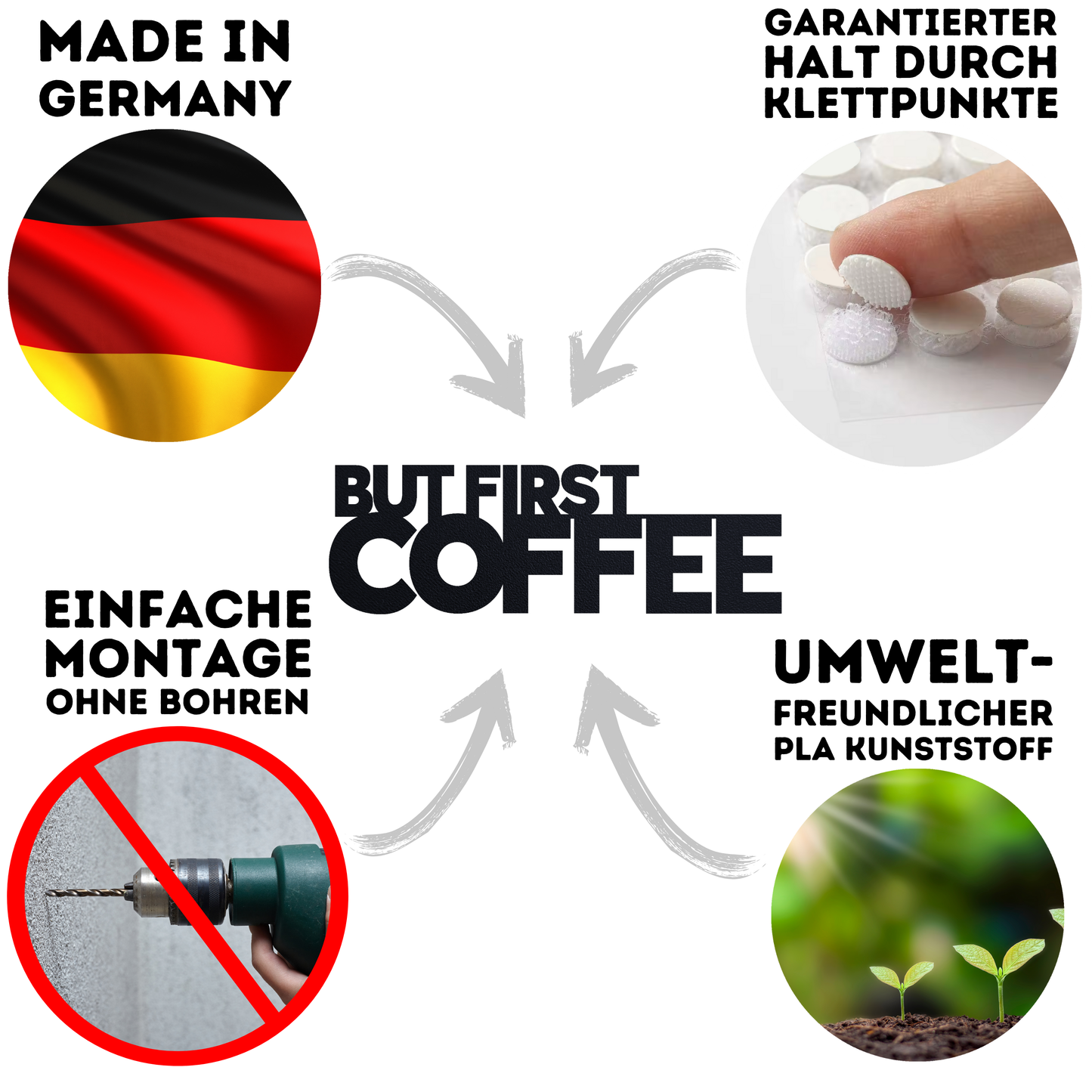 Klebendes But first Coffee Schild als moderne Wanddekoration – Detailansicht
