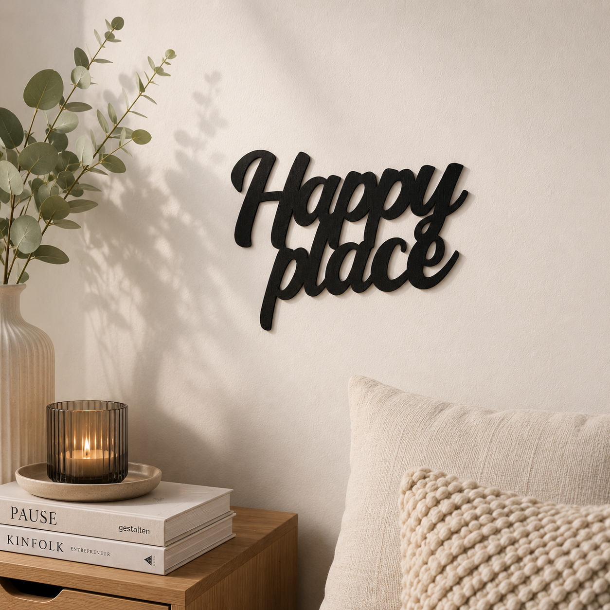 Klebendes Happy Place Schild als moderne Wanddekoration