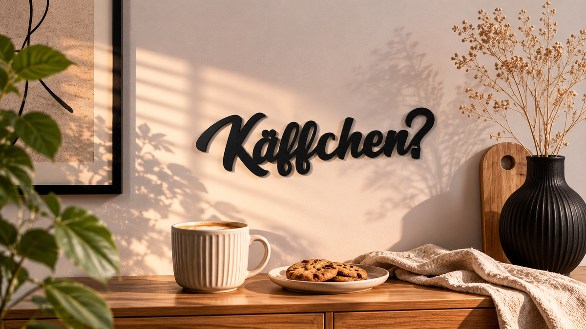 Käffchen? Schild über dem Sideboard, Nahaufnahme mit Keksen und Trockenblumen