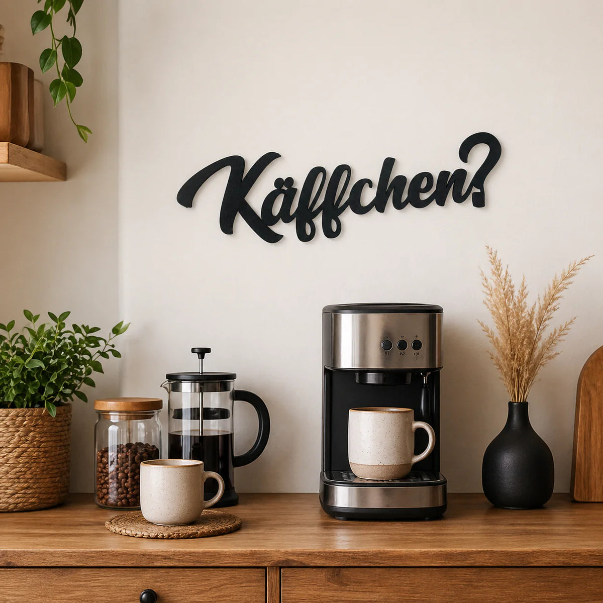 Käffchen? Schild in der Küche über French Press, Kaffeemaschine und Pampasgras