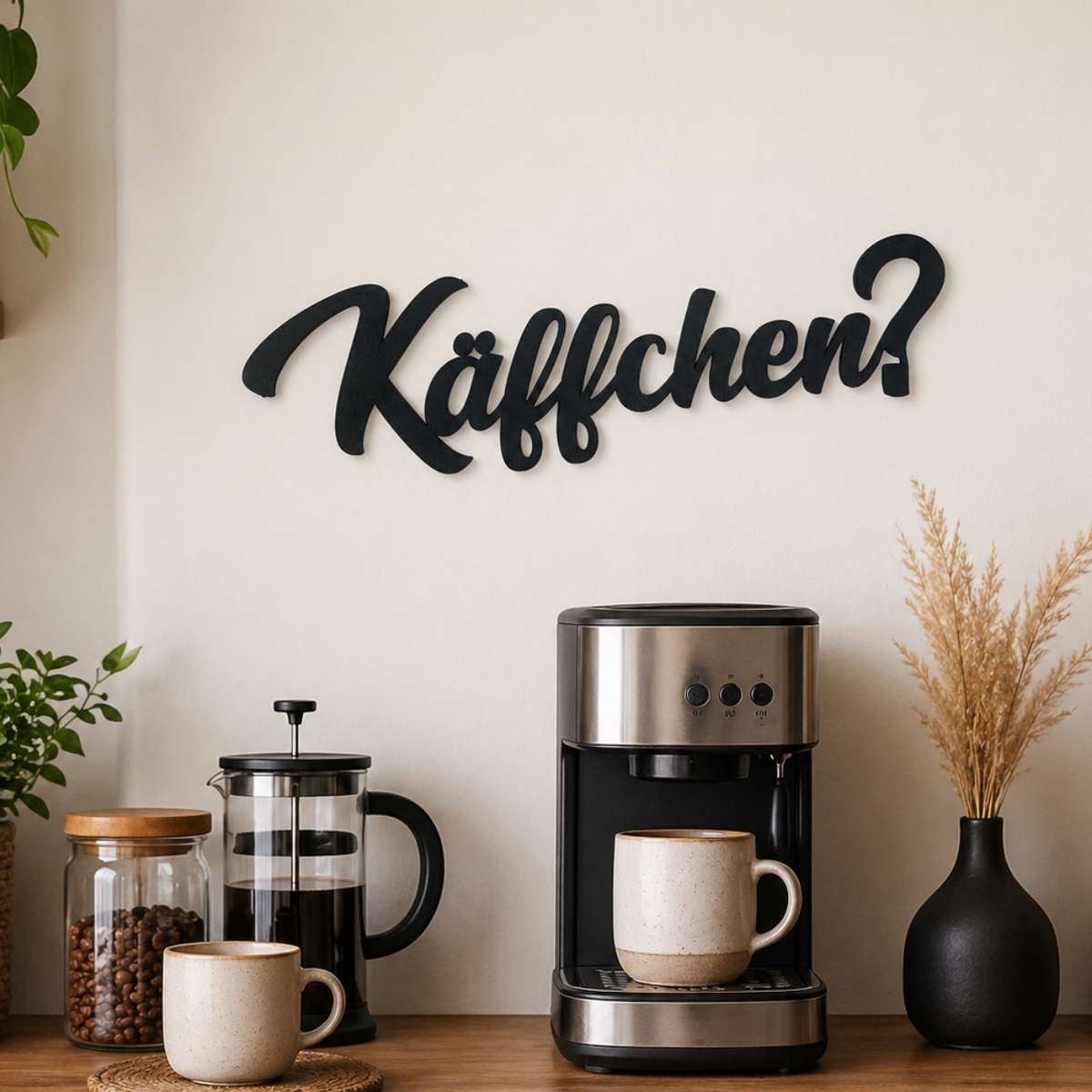 Käffchen? Schild in der Küche mit French Press, zwei Tassen und Pampasgras