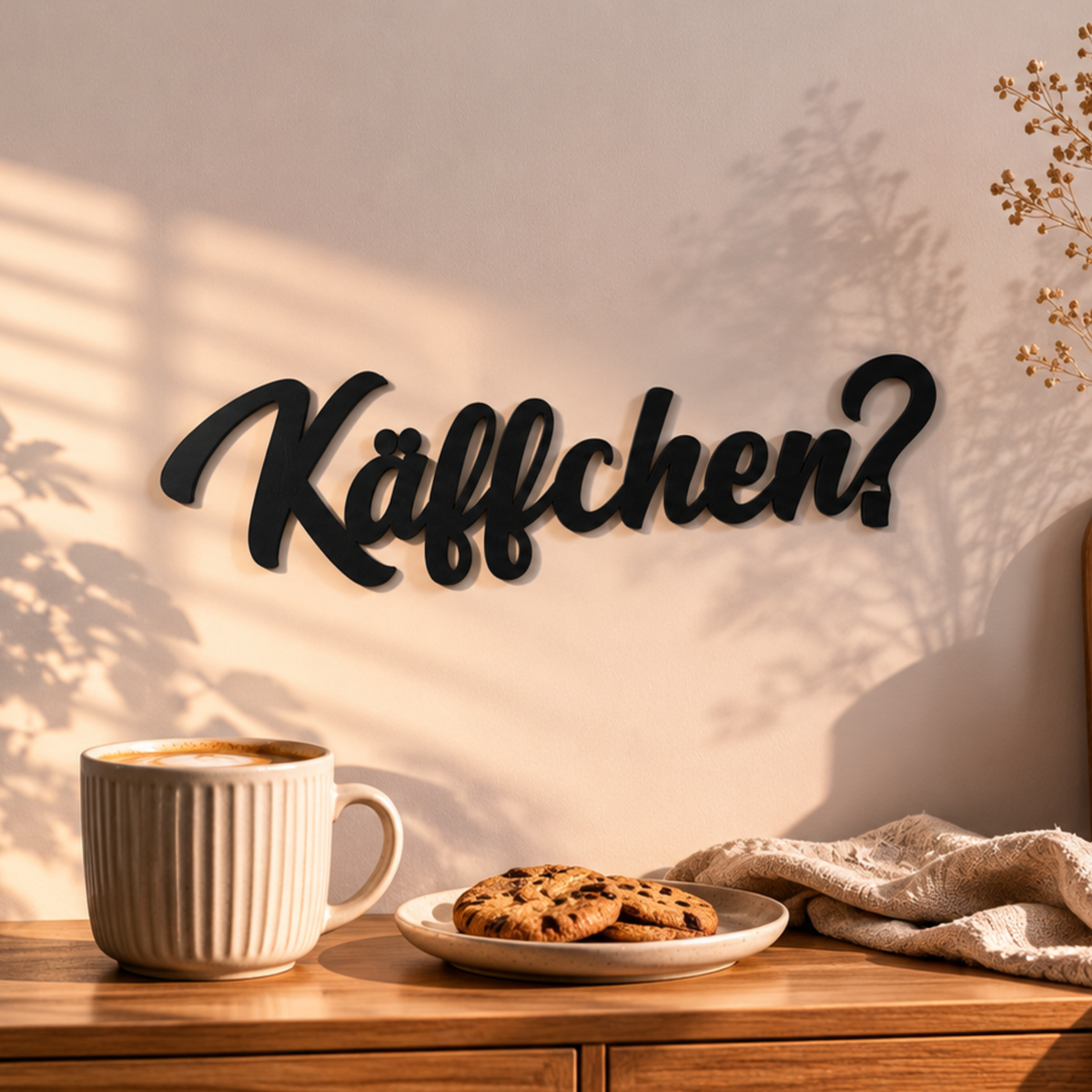 Käffchen? Schild an der Wand im Morgenlicht, mit Kaffeetasse, Keksen und Trockenblumen dekoriert