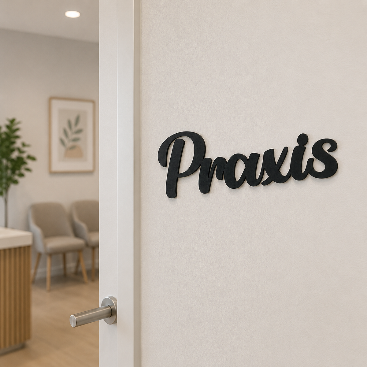 Praxis Türschild an der Tür zum Wartezimmer mit Sitzgelegenheiten