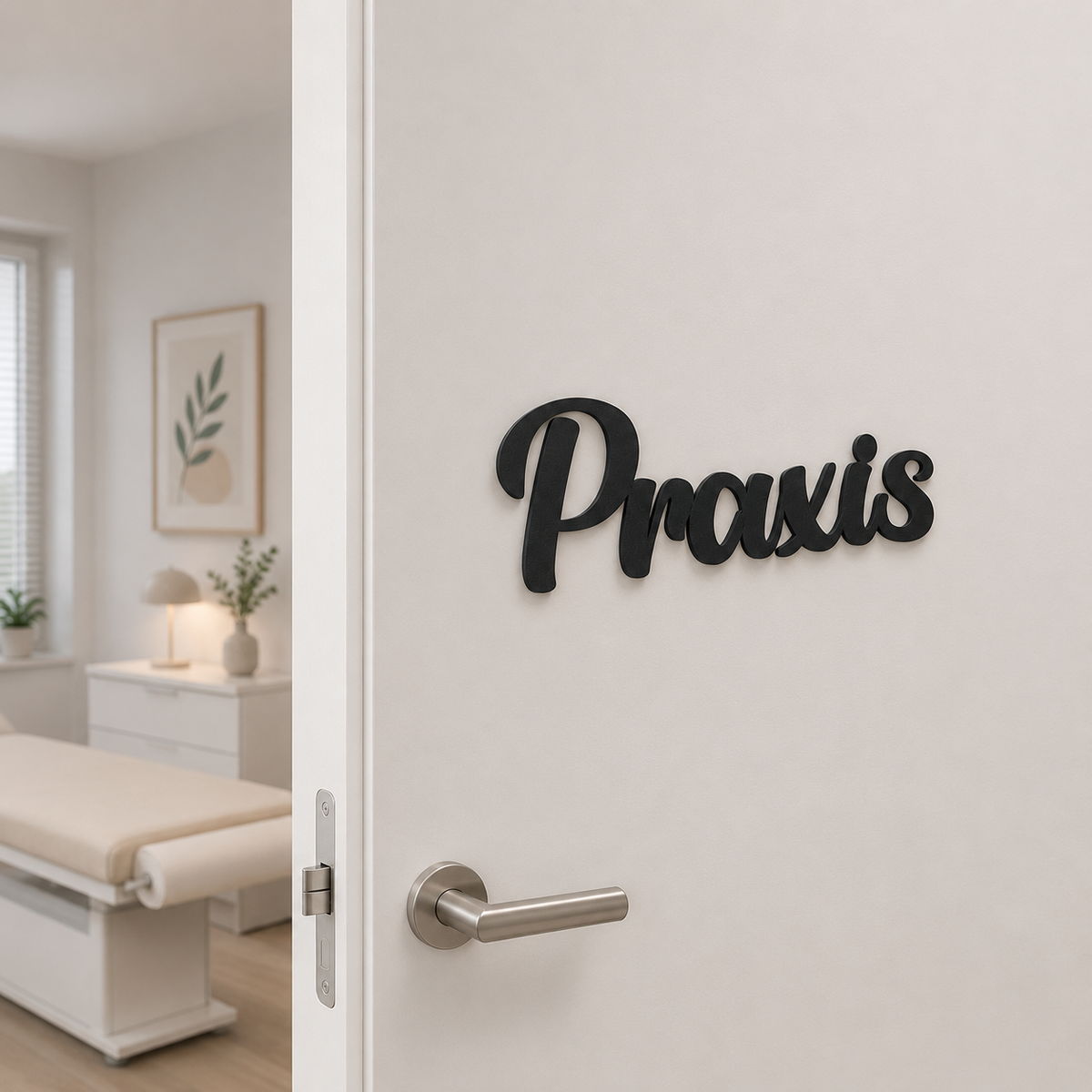 Praxis Türschild an der Tür zu einem Behandlungszimmer mit Liege