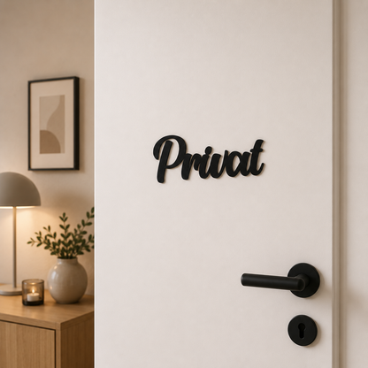 Privat Schild an der Zimmertür, im Hintergrund Nachttisch mit Lampe und Kerze