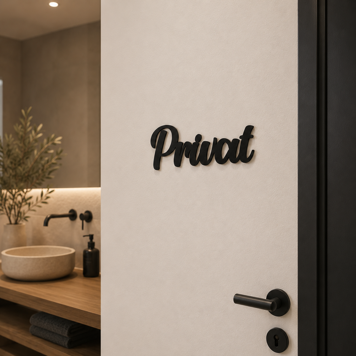 Privat Türschild an der Badezimmertür, im Hintergrund Waschbecken und Grünpflanze