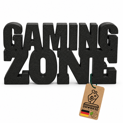 Gaming Zone Aufsteller in Schwarz mit Anhänger 'Dekoartikel aus Deutschland' vor weißem Hintergrund