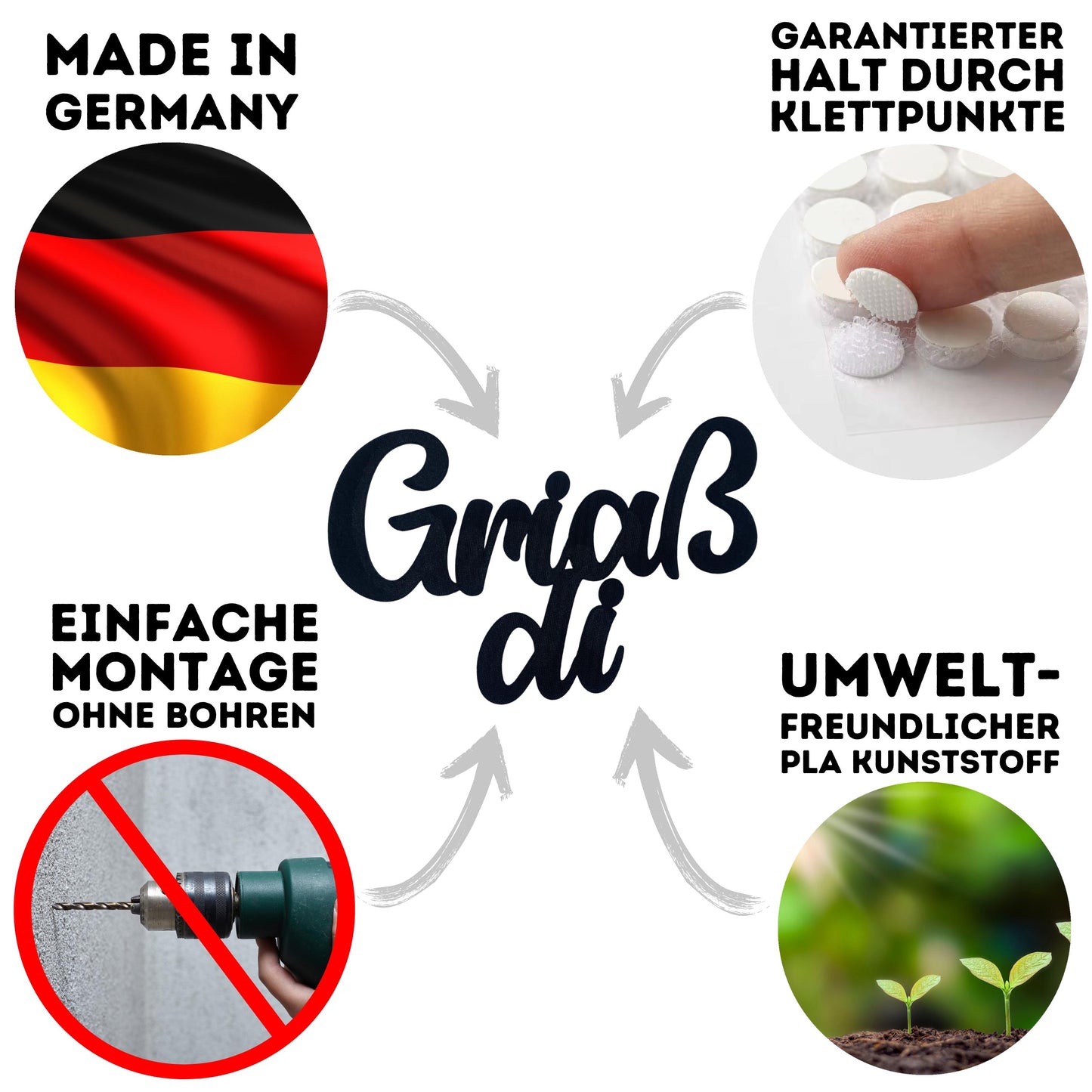 Klebendes Griaß di Schild als moderne Wanddekoration – Detailansicht