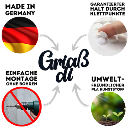 Klebendes Griaß di Schild als moderne Wanddekoration – Detailansicht