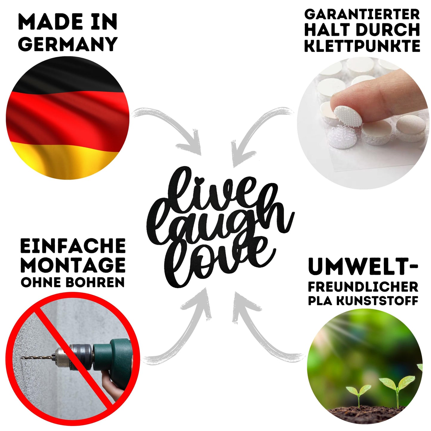 Klebendes Live Laugh Love Schild als moderne Wanddekoration – Detailansicht