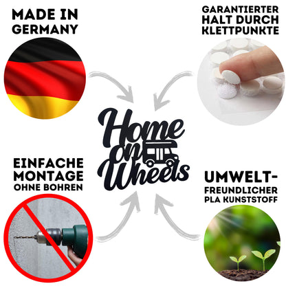 Klebendes Home on Wheels Schild als moderne Wanddekoration – Detailansicht