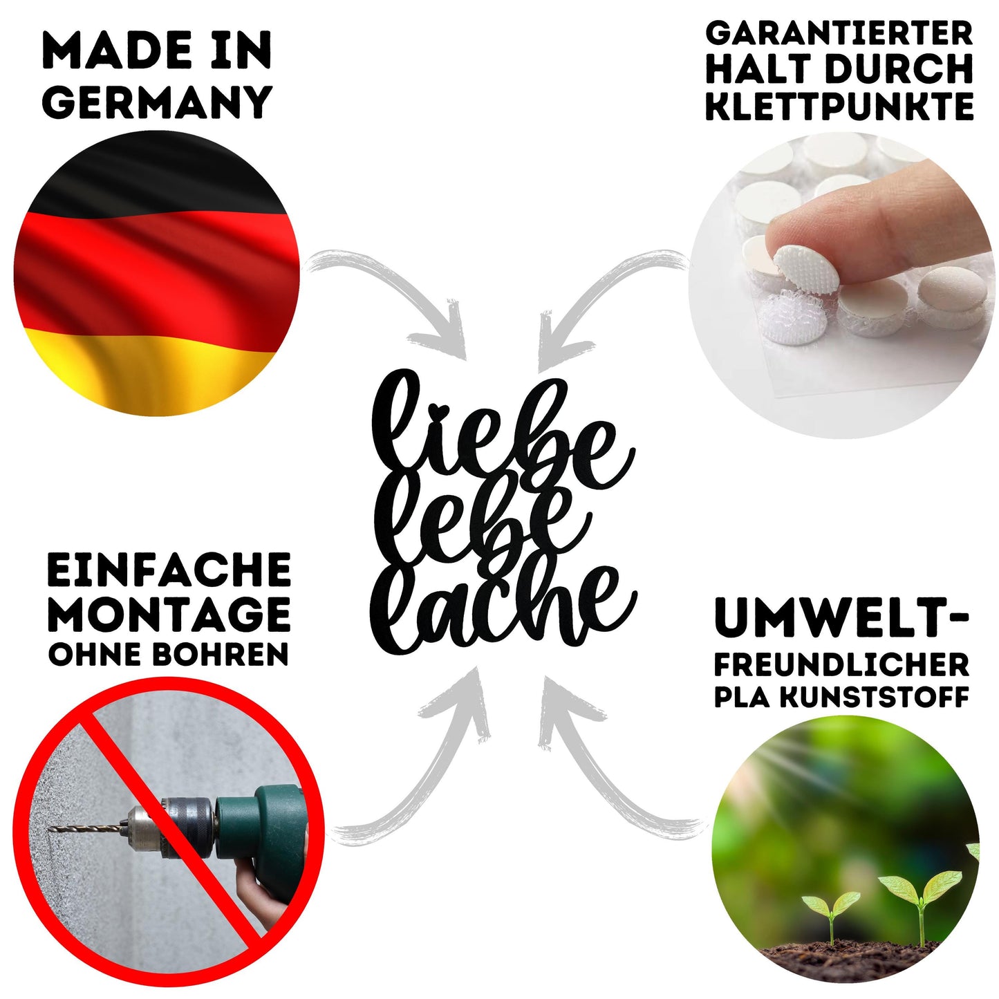 Klebendes Lebe liebe lache Schild als moderne Wanddekoration – Detailansicht