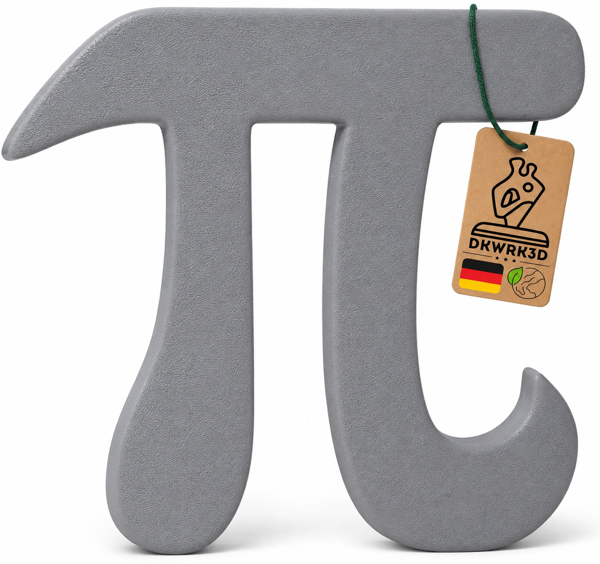 Pi Symbol Skulptur in Aschgrau mit Anhänger 'Dekoartikel aus Deutschland' vor weißem Hintergrund