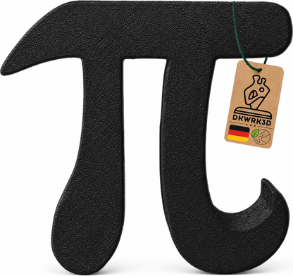 Pi Symbol Skulptur in Schwarz mit Anhänger 'Dekoartikel aus Deutschland' vor weißem Hintergrund