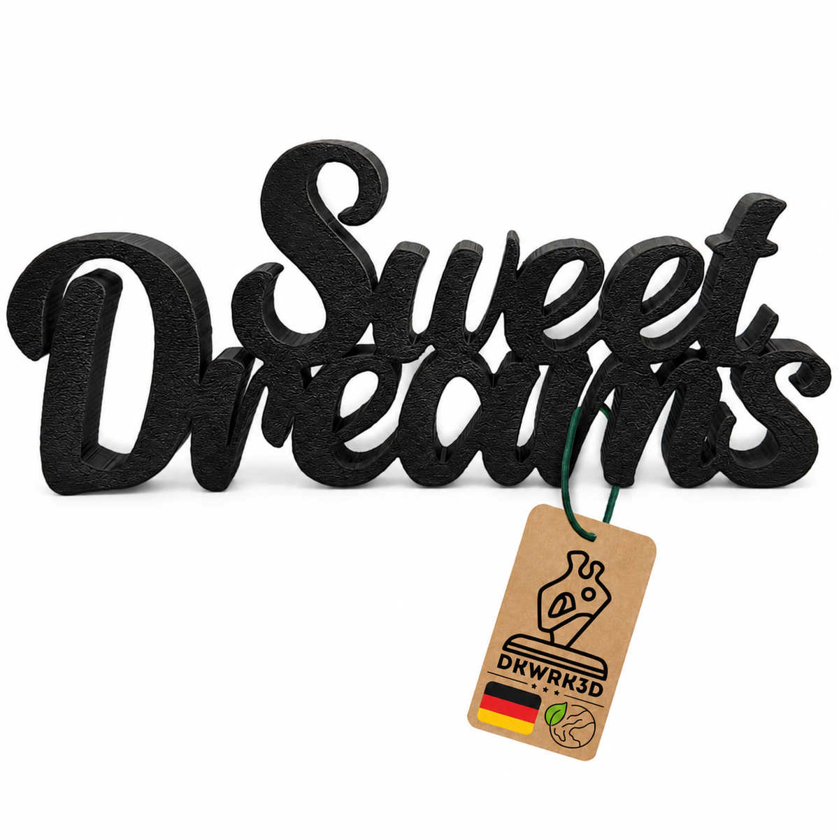 Sweet Dreams Aufsteller in Schwarz mit Anhänger 'Dekoartikel aus Deutschland' vor weißem Hintergrund